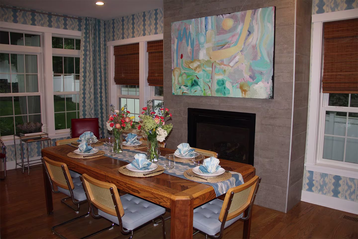 Mary Grace Scully's finished dining room using Spoonflower wallpaper, fabric, curtains, and tableware.