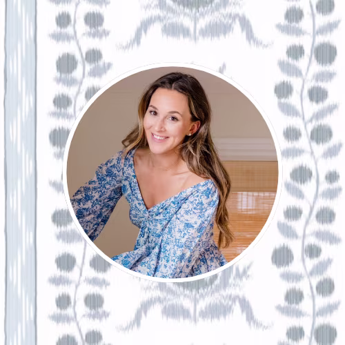 Headshot of Greer Gagnier of  Home on Broad with an ikat floral stripe design.