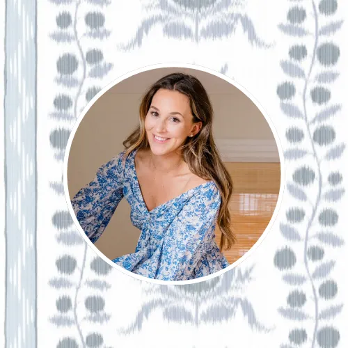 Headshot of Greer Gagnier of  Home on Broad with an ikat floral stripe design.