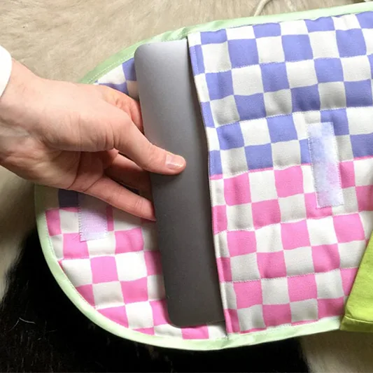 Pink and purple checkered quilted laptop case