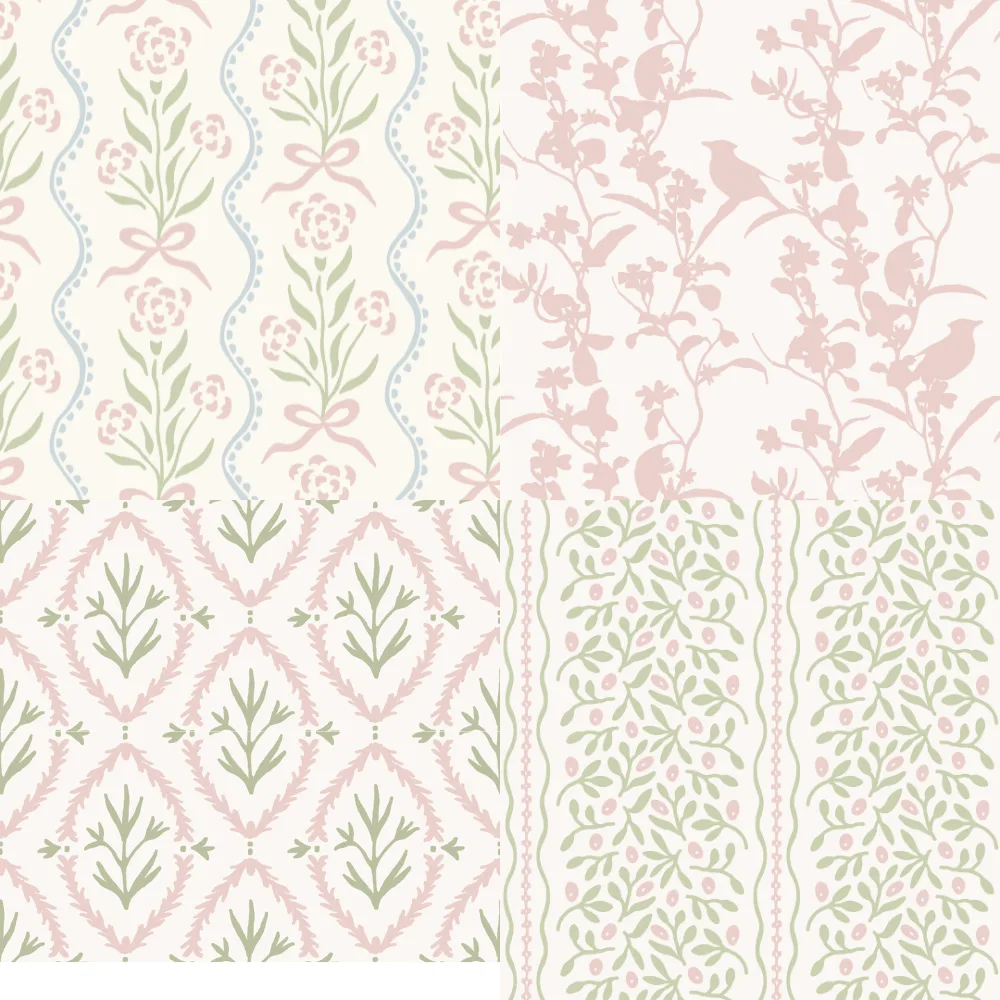 A grid of 4 cottagecore designs from heightsdesignstudio