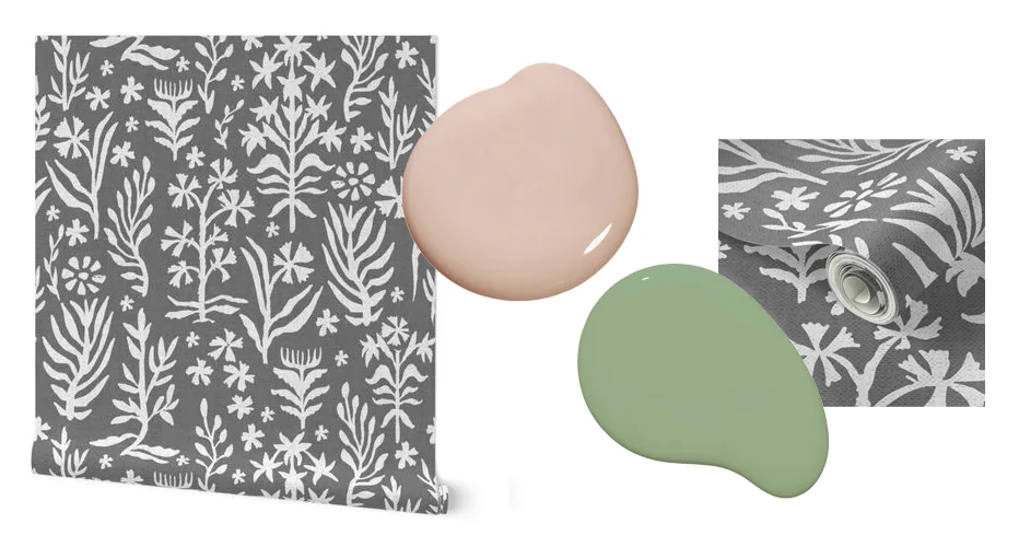 Two swatches of wallpaper (one of the extended roll, one of a design closeup) are paired with two dollops of coordinating paint in a mock-up image. The wallpaper design features a gray background with white repeating boho floral designs. One paint dollop