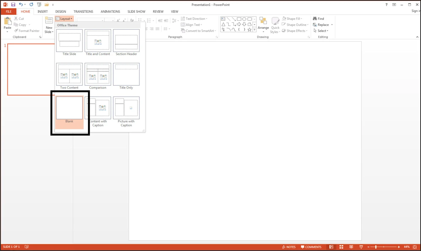 Creating a new blank side in PowerPoint.