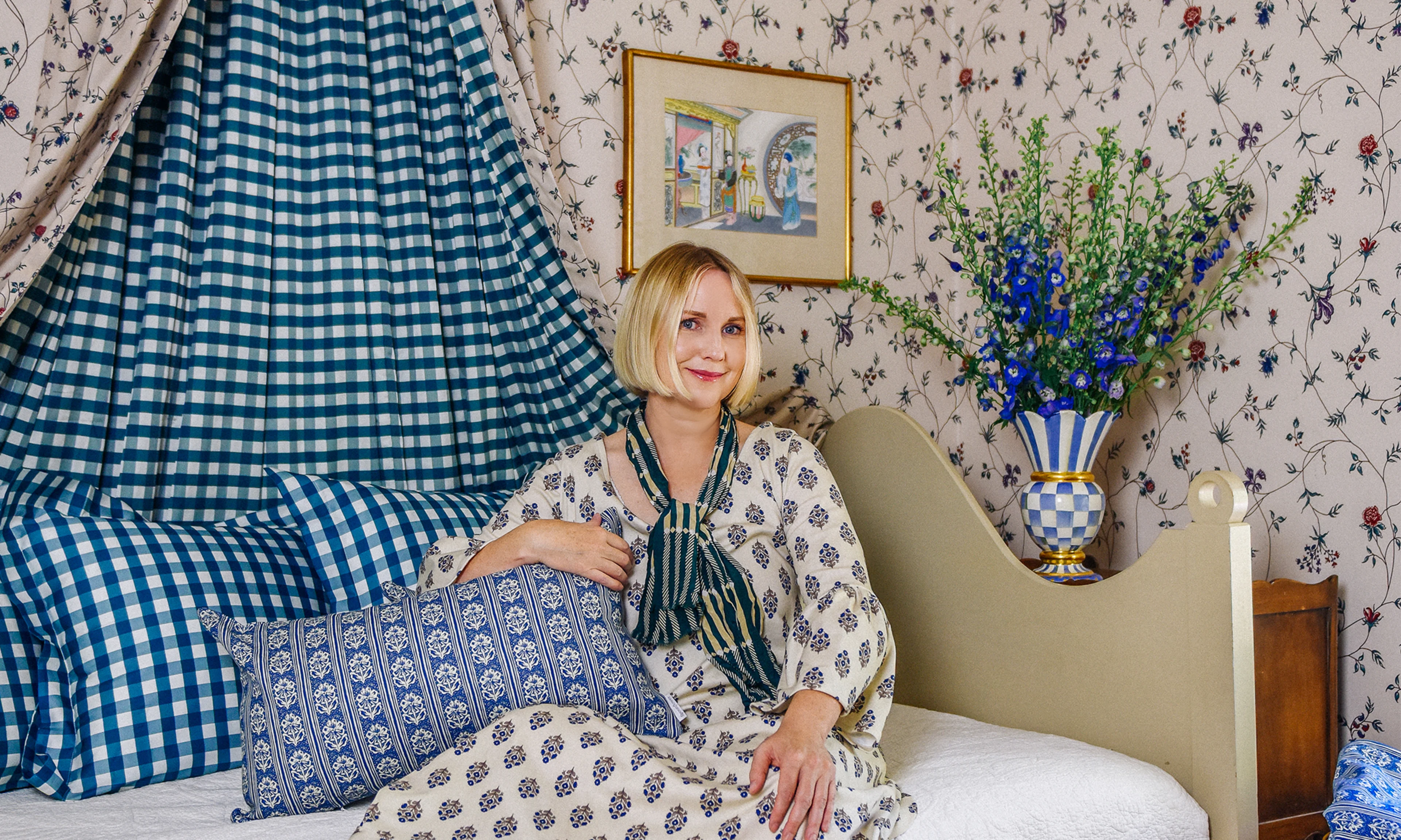 Brittany Jepsen of the House that Lars Built in her guest room which features Spoonflower wallpaper, fabric and home decor.