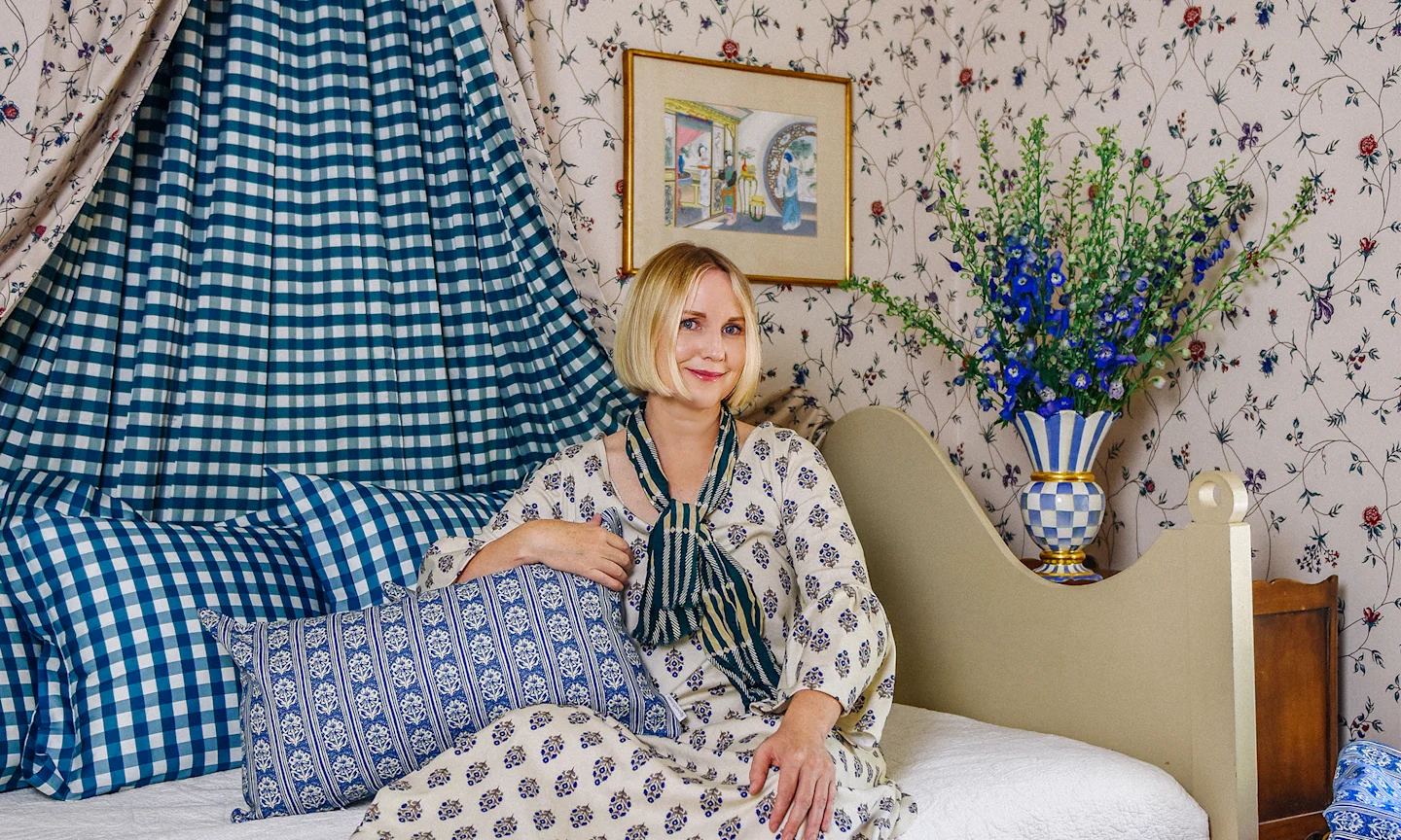 Brittany Jepsen of the House that Lars Built in her guest room which features Spoonflower wallpaper, fabric and home decor.