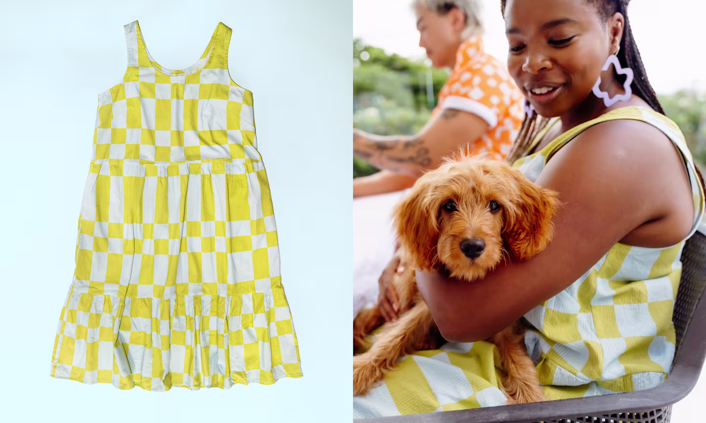 Woman wearing blue and green check seersucker dress