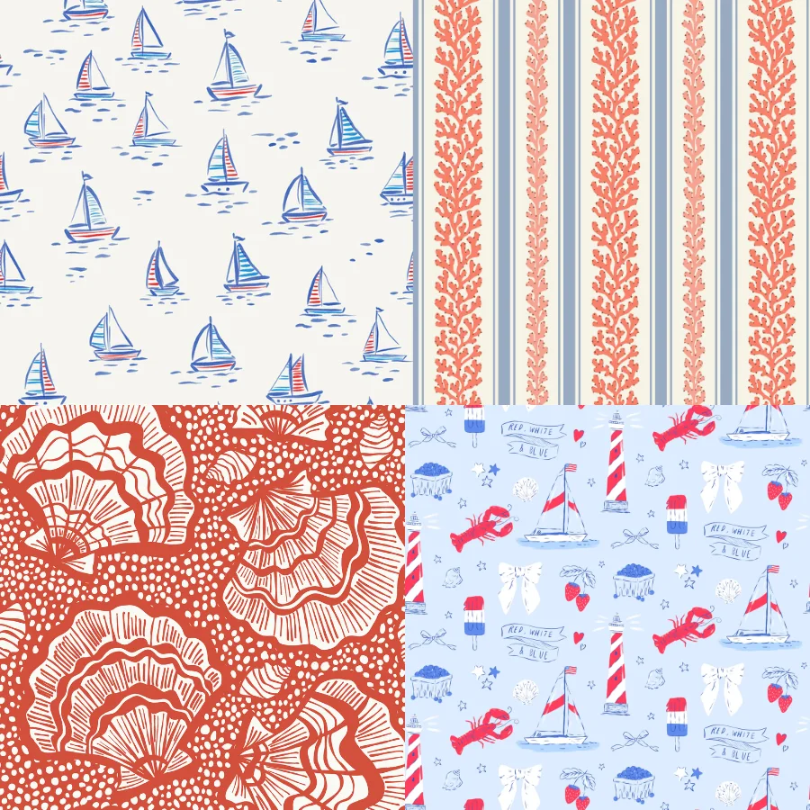 a grid of 4 designs with a coastal Americana theme selected by the Spoonflower style editors