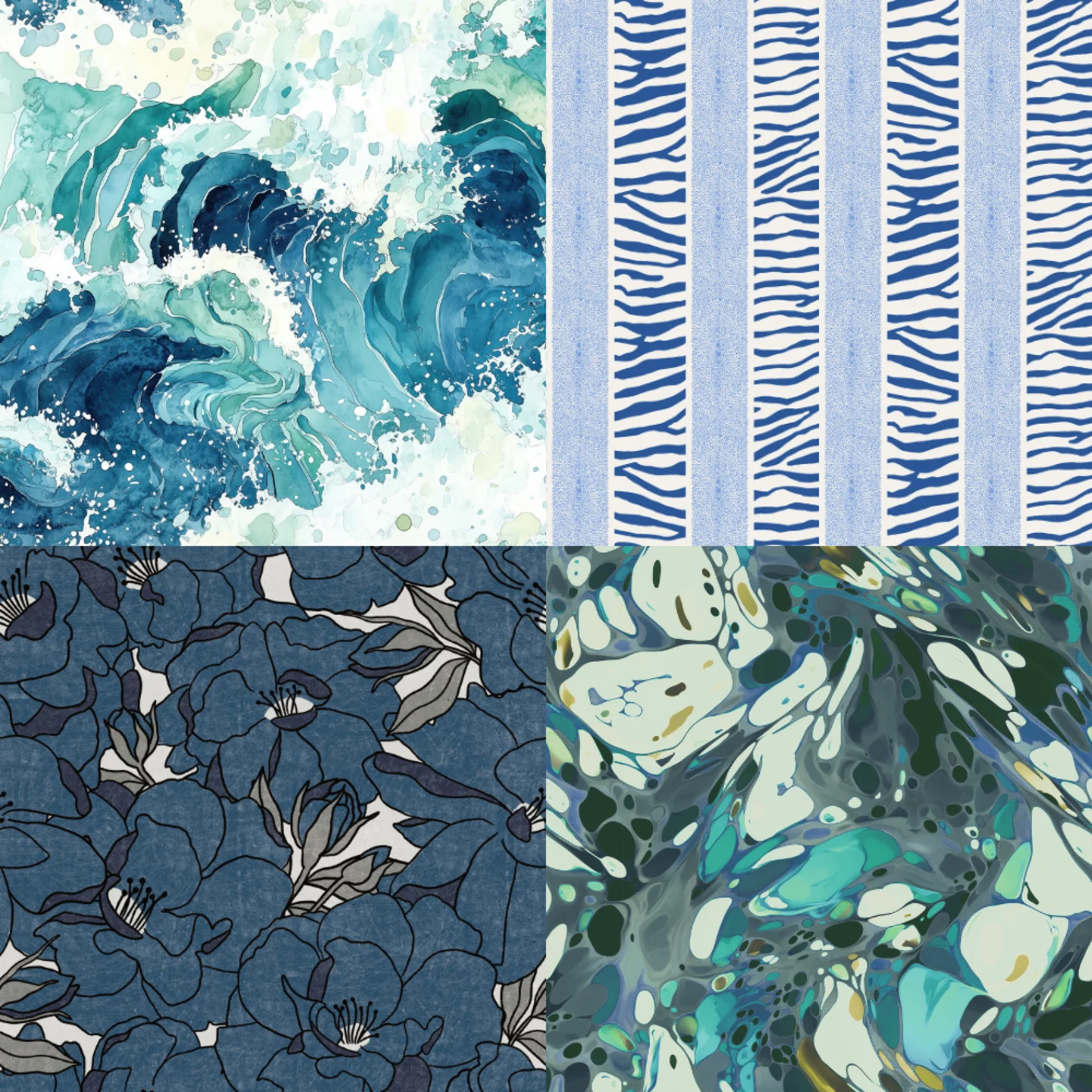 A grid of 4 blue designs from a selection of Spoonflower artists