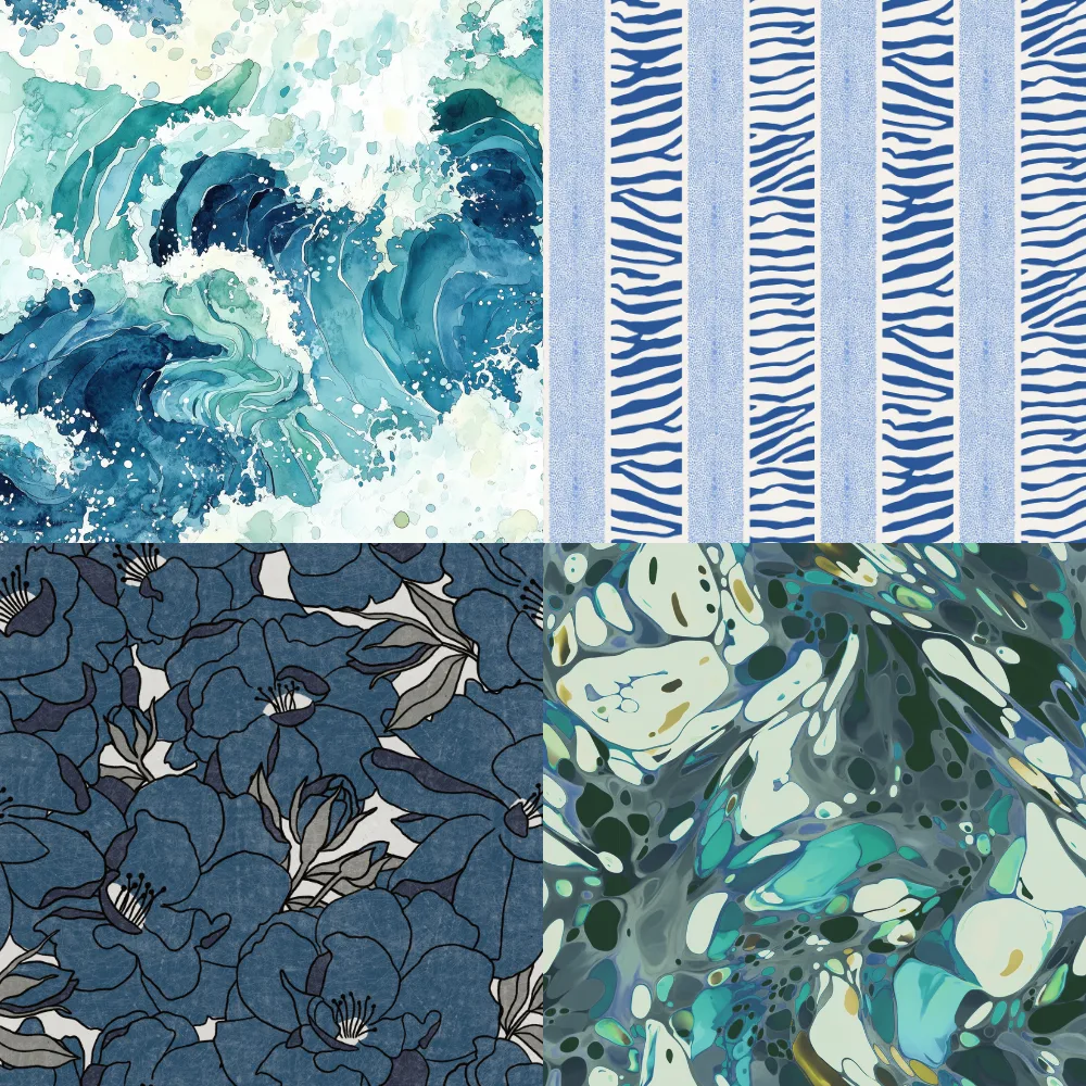 A grid of 4 blue designs from a selection of Spoonflower artists