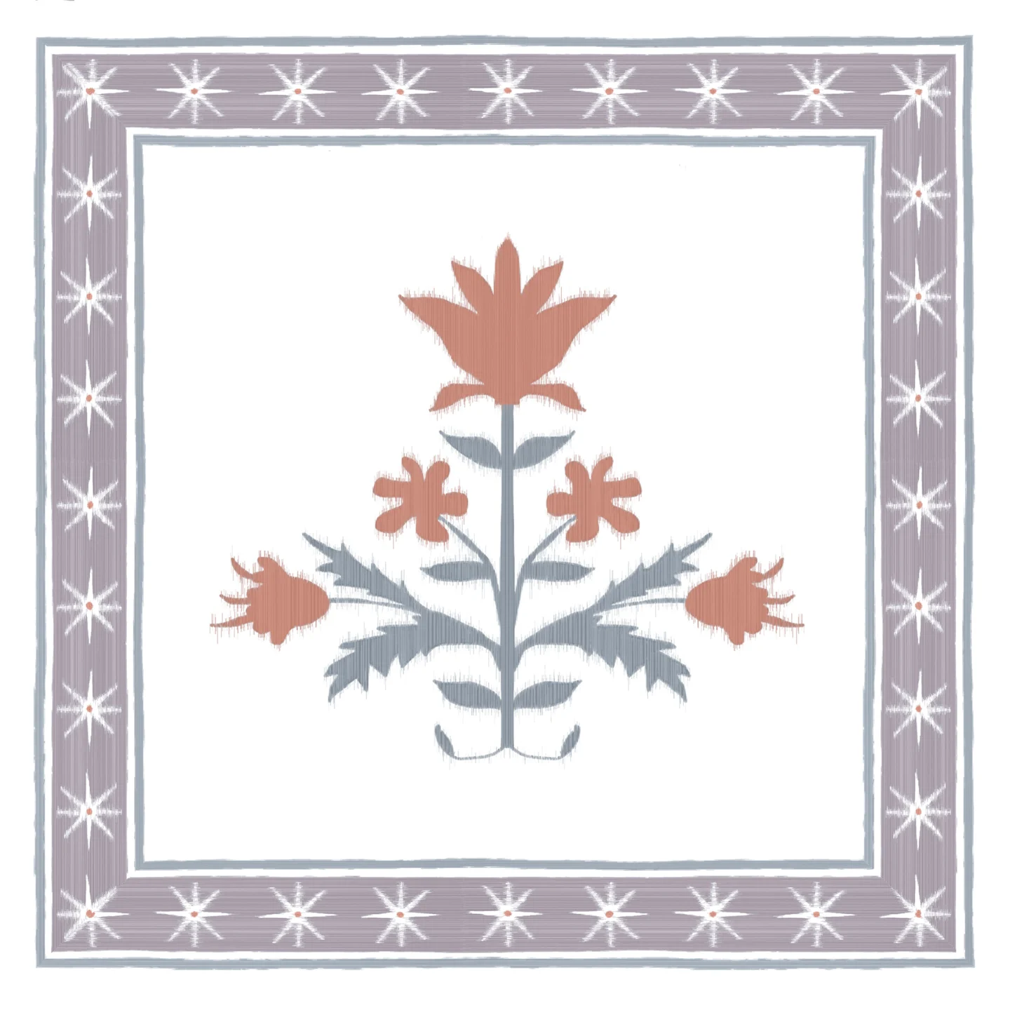 Image of the Photoshop canvas corresponding to step 7 showing a white pillow with bands just inside each of the four border edges featuring a thick purple stripe with white stars. The stripe has thin blue stripes on either side of it. Red flowers with gre