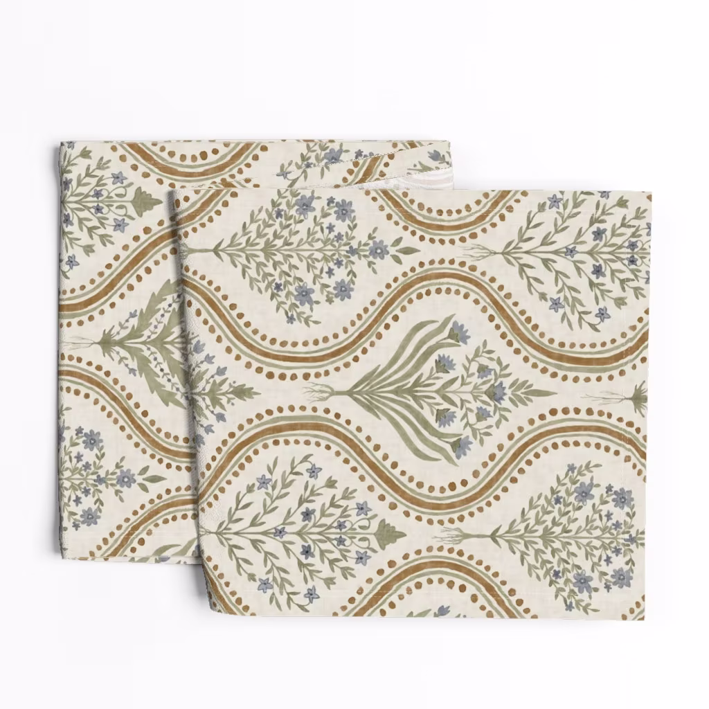 A traditional sage and cream floral striped table runner