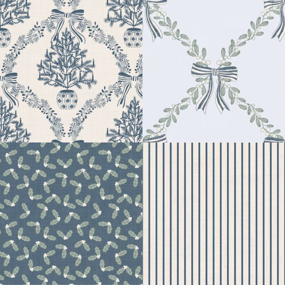 Classic holiday charm meets timeless elegance in this cozy winter collection. Featuring ribbon-tied wreaths, delicate holly sprigs and versatile ticking stripes, these designs bring a refined seasonal touch to festive sewing projects.