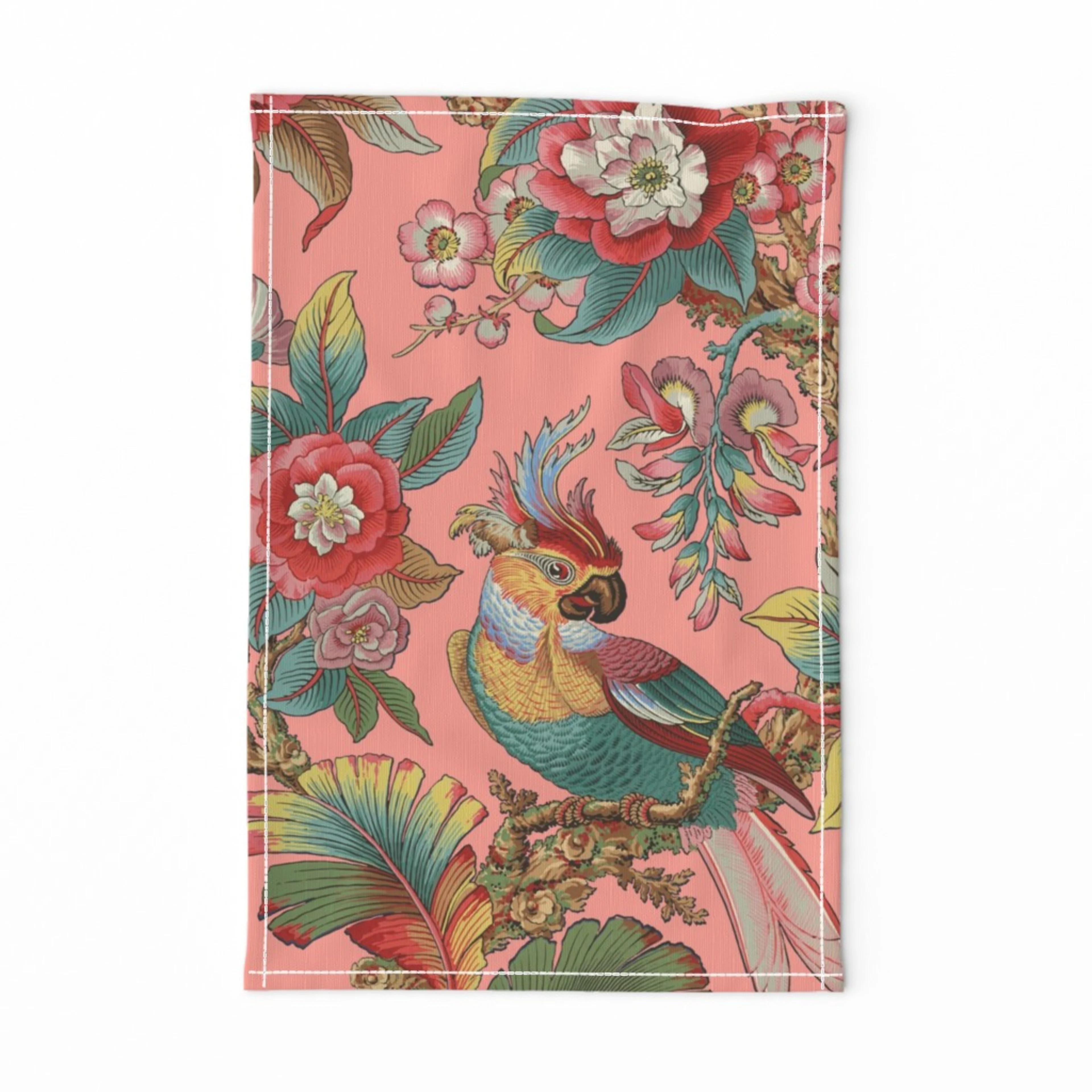 Traditional bright bird and floral tea towel