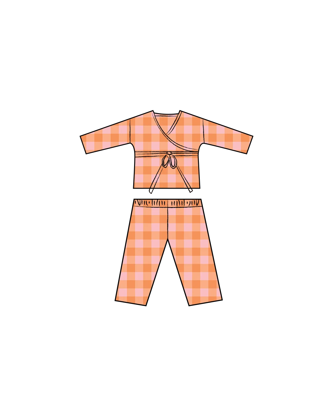 Mock up of the Wear We're Going Full Umbra Lounge Set sewing pattern in Spoonflower fabric
