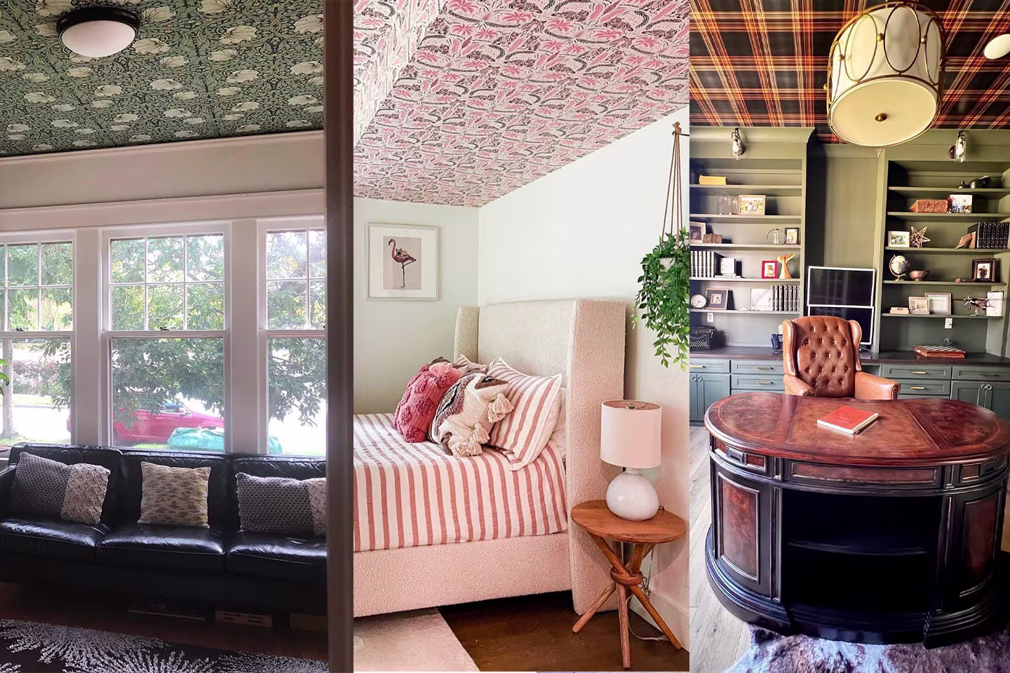 Three examples of rooms with ceiling wallpaper from Spoonflower.