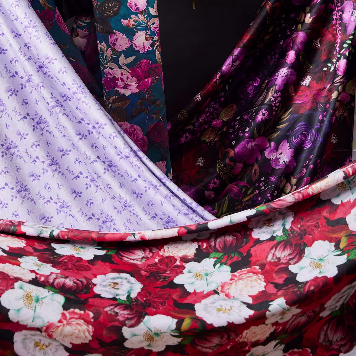 Draped romantic, moody floral satin