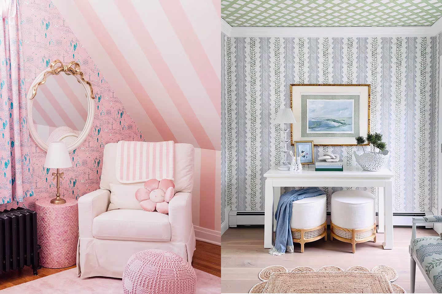 Two images presenting rooms that used more than one wallpaper in the same space.