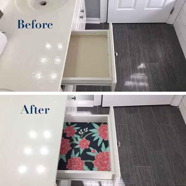 Two photos in a grid showing before and after wallpaper is added to a drawer.