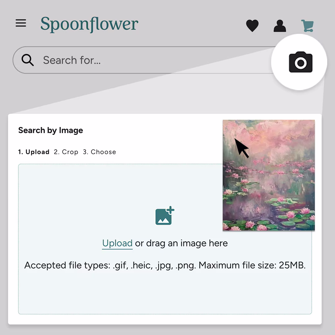 Mouse placing an image in the search by image feature to find a matching design.