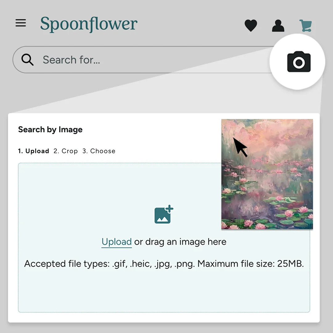 Mouse placing an image in the search by image feature to find a matching design.