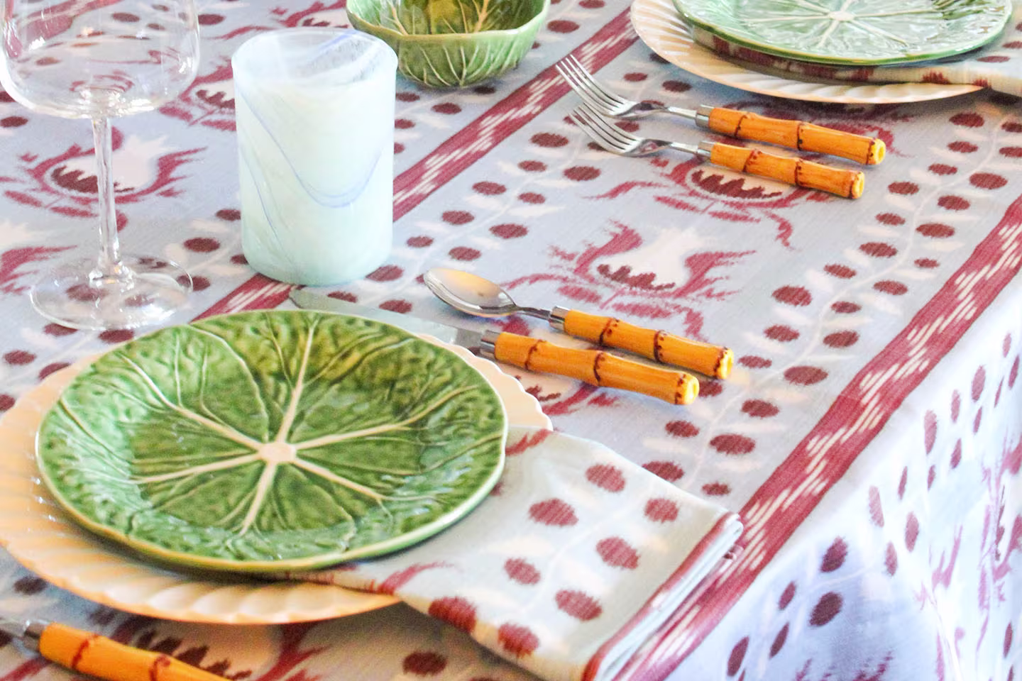 Tablescape featuring matching Spoonflower tablecloth and dinner napkins.