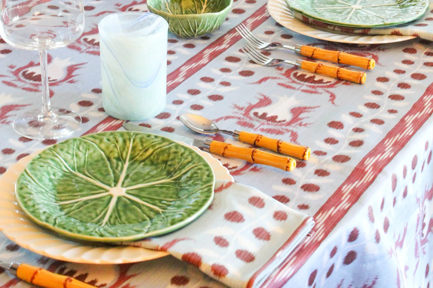 Tablescape featuring matching Spoonflower tablecloth and dinner napkins.