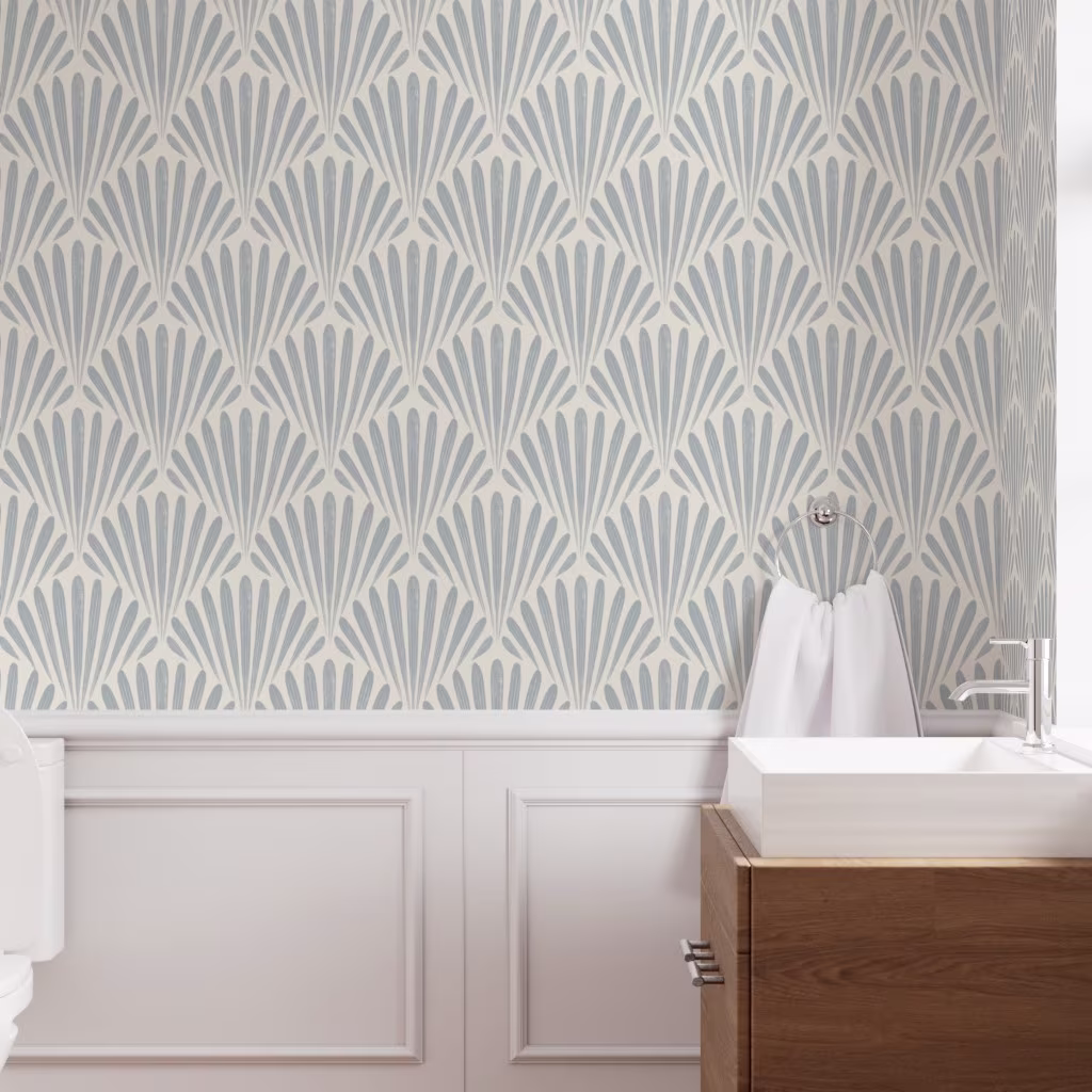 Bathroom with sea shell printed wallpaper
