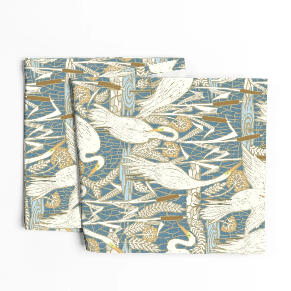 table runner with herons and cattails