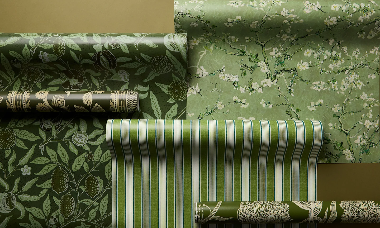 Rolls of green wallpaper.