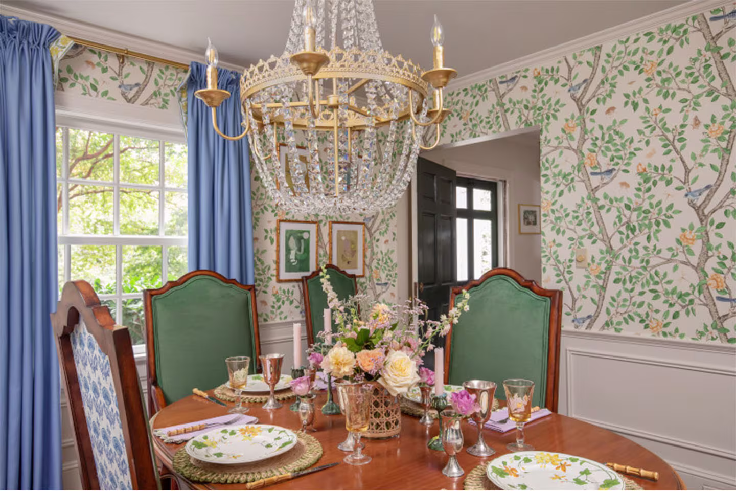 Dining room featuring Spoonflower traditionally classic curtains, fabric, and wallpaper.