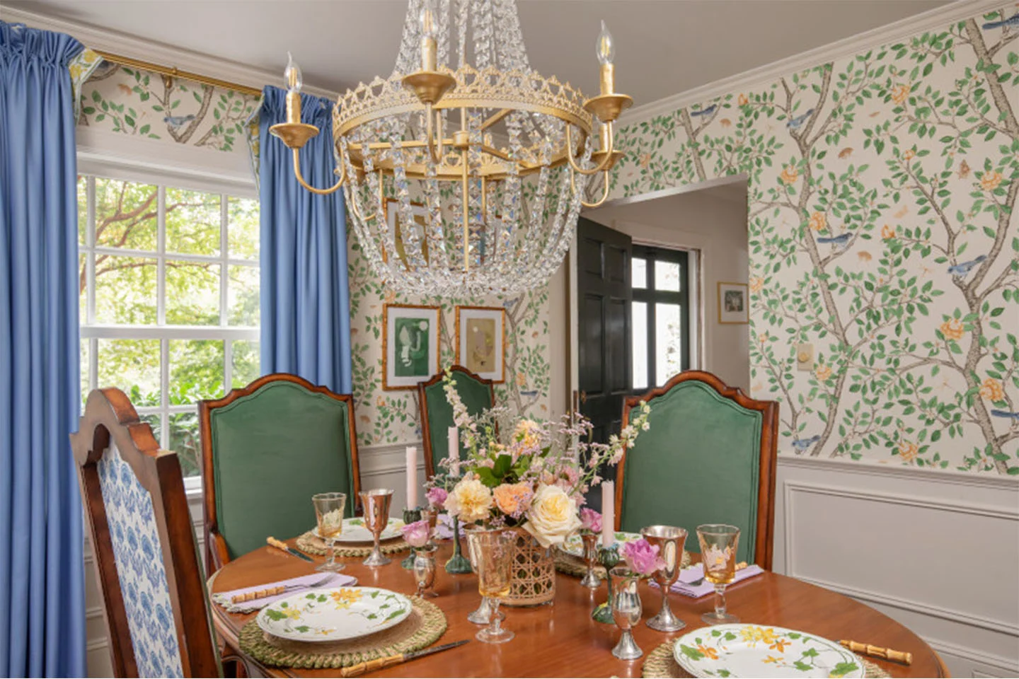 Dining room featuring Spoonflower traditionally classic curtains, fabric, and wallpaper.