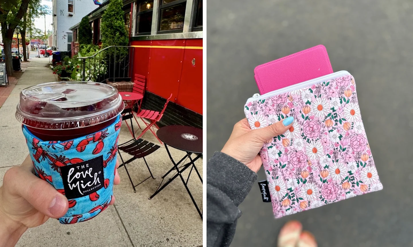 2 images side by side. In the left image, a woman's hand holds an iced coffee in a blue fabric sleeve, with lobsters printed on it. In the right image, a woman holds a quilted e-reader case, printed with pastel florals. 
