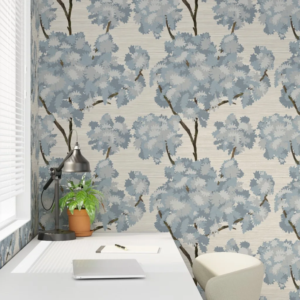 Home office with Wallpaper in Grasscloth-Ernesto Blue Trees by cherylgrahamdesigns.