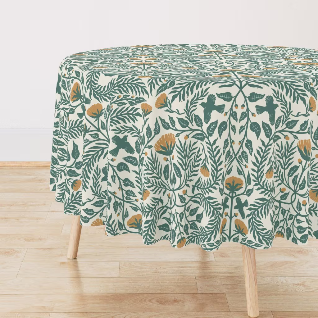 Modern classic birds and florals round tablecloth