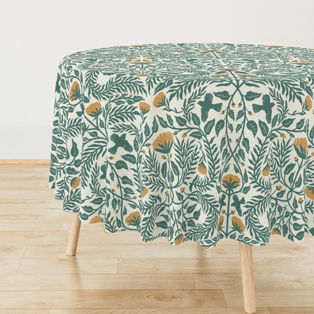 Modern classic birds and florals round tablecloth