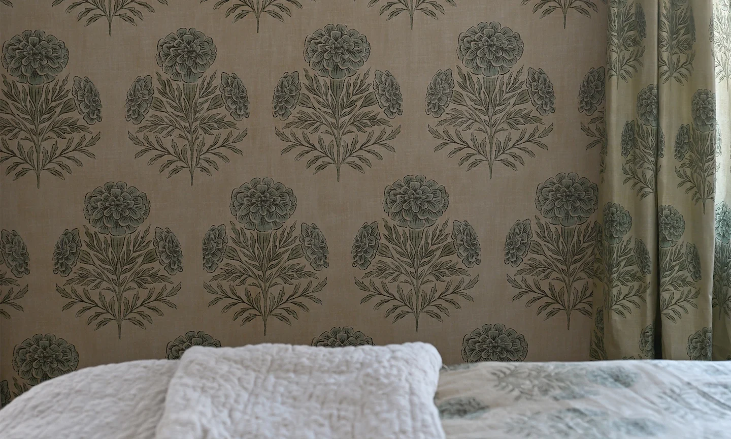 bedroom with wallpaper, curtains and bedding in Marigold - extra large - dusty blue and sage green by byre_wilde.