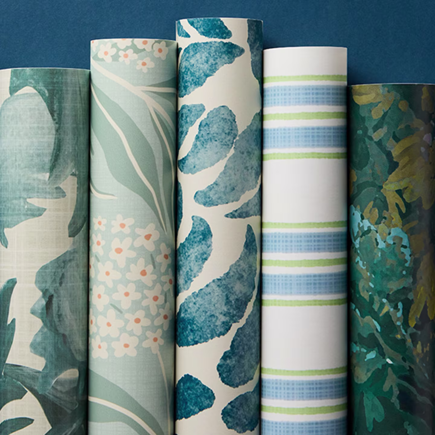 Rolls of calming blue wallpaper.
