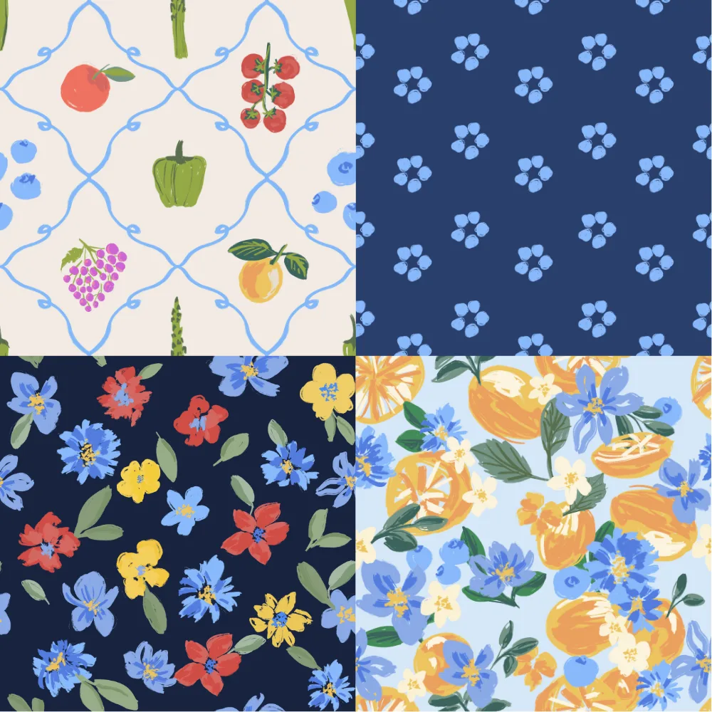 A grid of 4 farmer's market designs from huefete