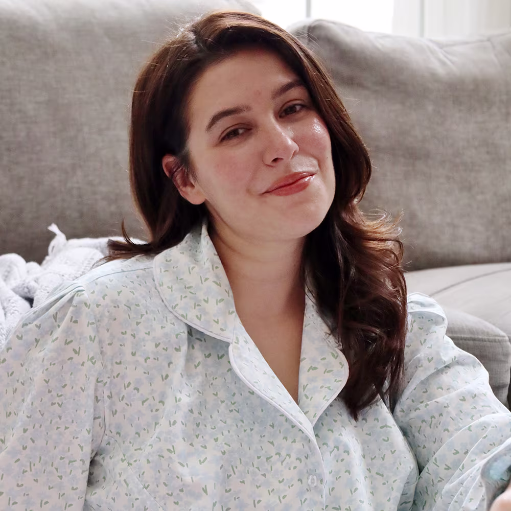 A headshot of Gabriela Fasola in her handmade custom pajamas