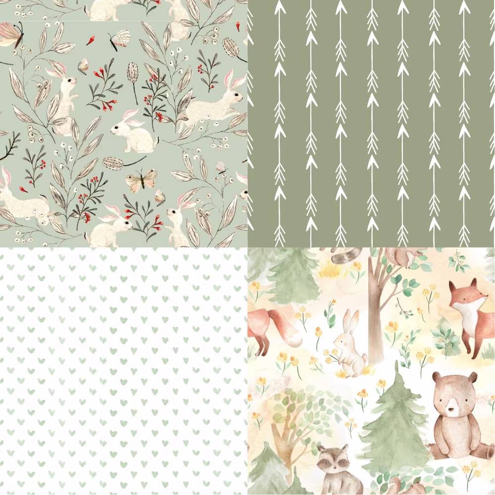 Colorful folded Spoonflower fabric with a woodland baby girl or boy theme