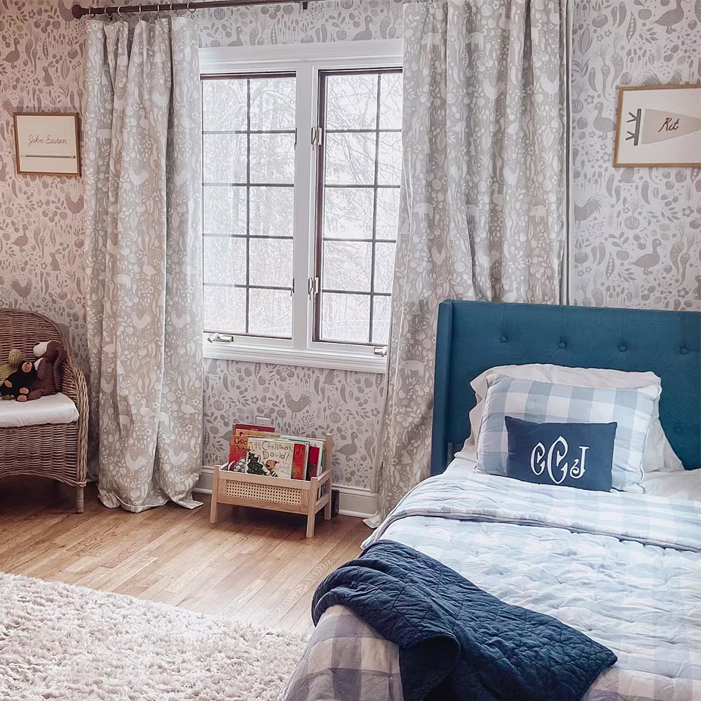 Kids room with Neutral farm animal wallpaper