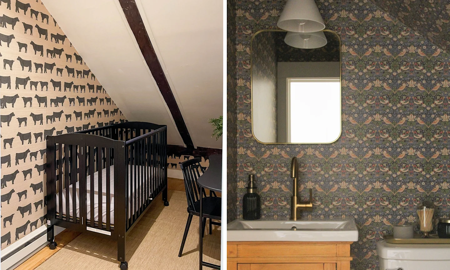 Nursery nook with cow grasscloth wallpaper and a powder room with non-pasted william morris wallpaper.