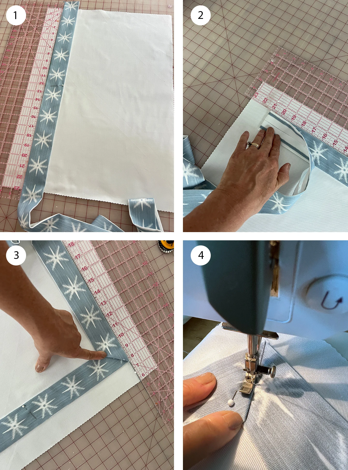 Four images placed together in a square, showing how to sew a mitered corner. Each image is outlined in the text step below with a corresponding number.