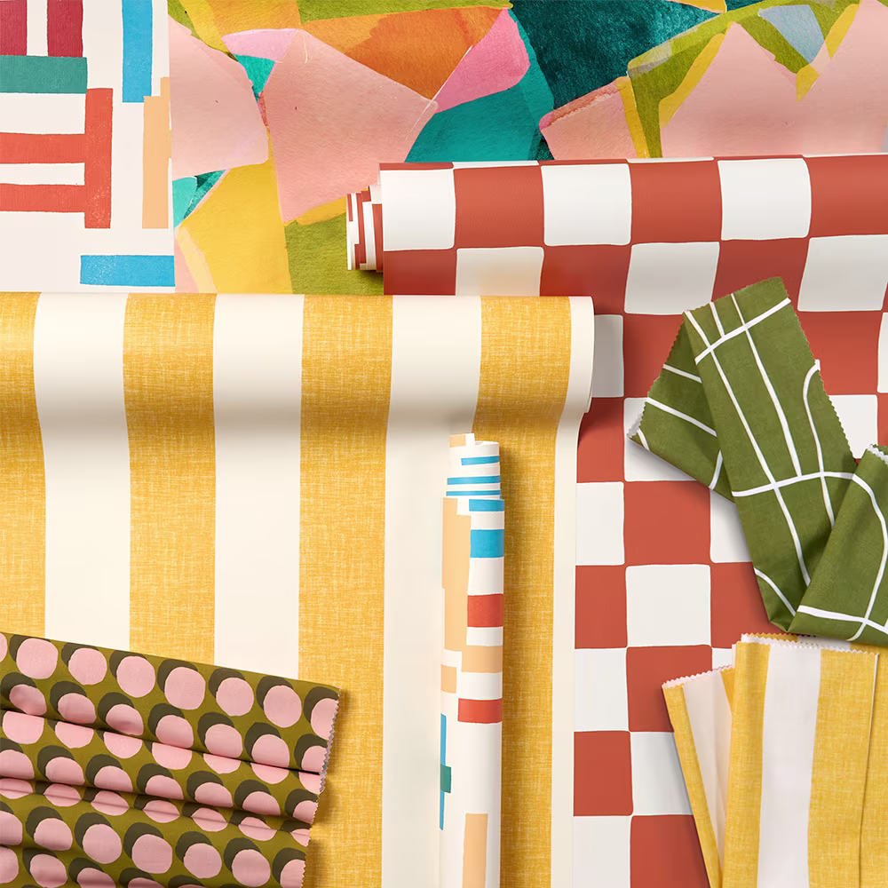 Rolls of contemporary eclectic style wallpaper.