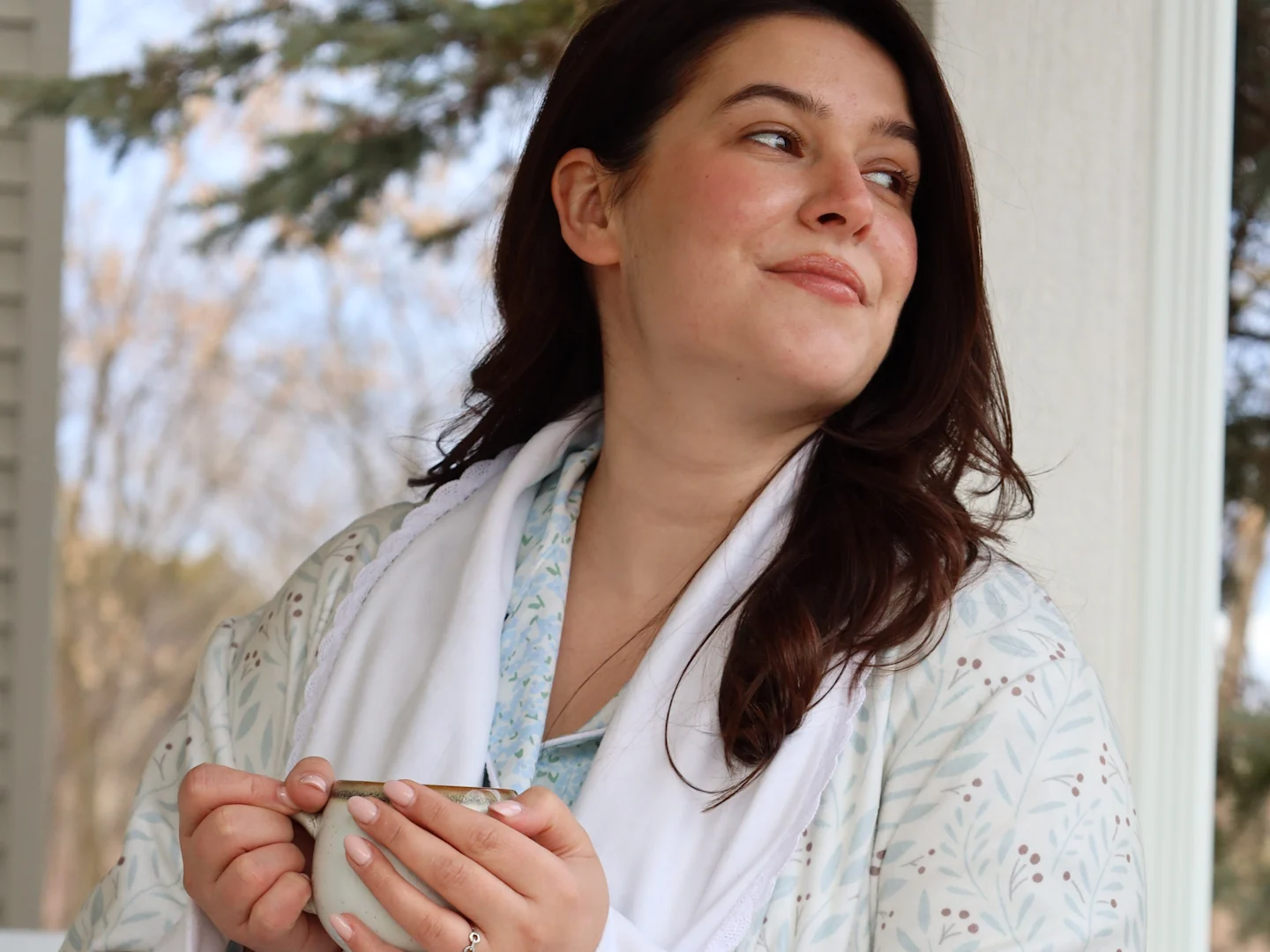 Gabriela Fasola in her handmade robe created with Spoonflower Polartec fleece