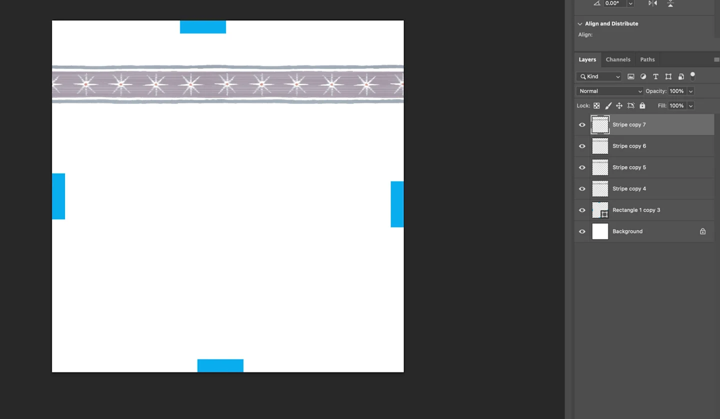 Image of the Photoshop canvas corresponding to step 2. The canvas is mostly white, with a band just inside the top border featuring a thick purple stripe with white stars. The stripe has thin blue stripes on either side of it. There are small turquoise re