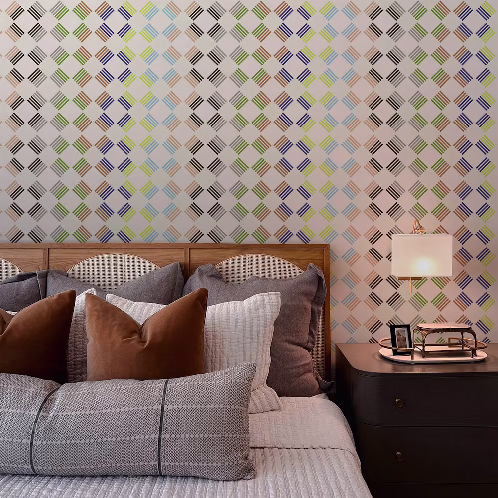 Wallpaper in Square Stripes Modern Geometric Contemporary Playful Earth Tones Acid Green by buuestudio in a bedroom.