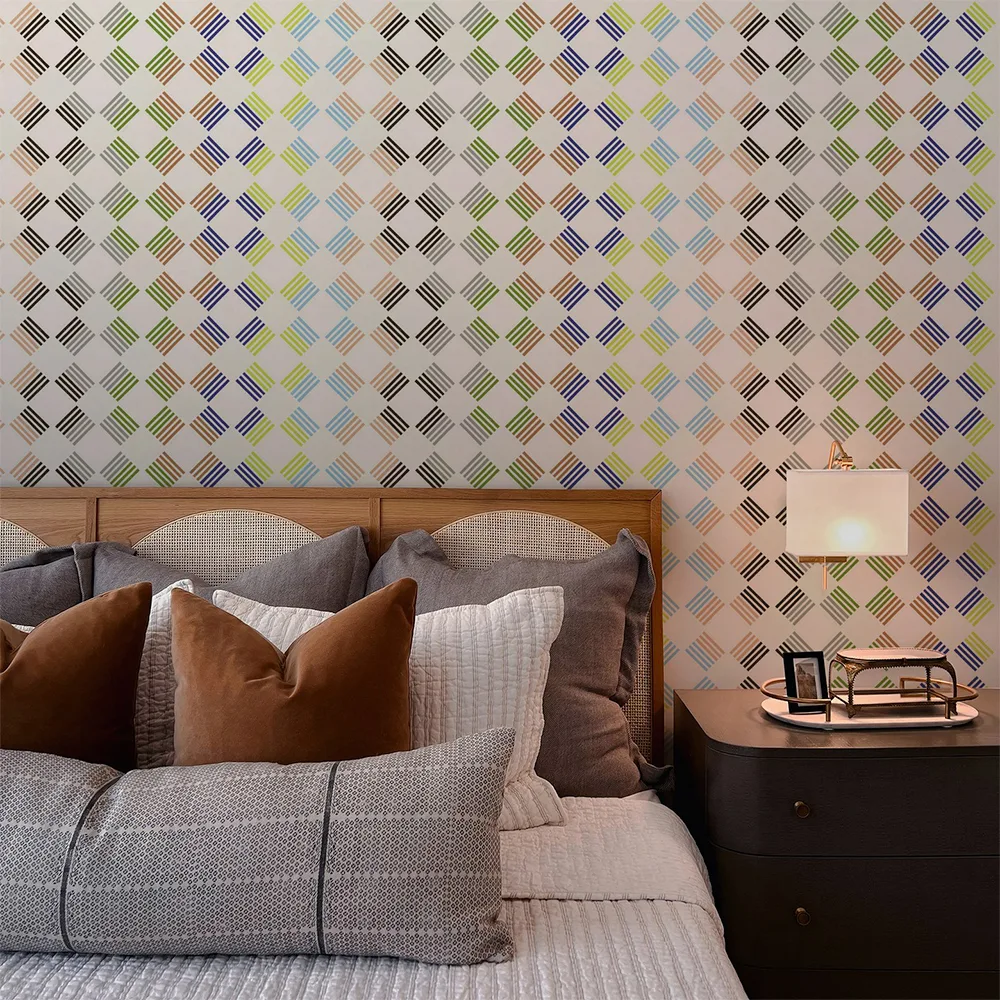 Wallpaper in Square Stripes Modern Geometric Contemporary Playful Earth Tones Acid Green by buuestudio in a bedroom.