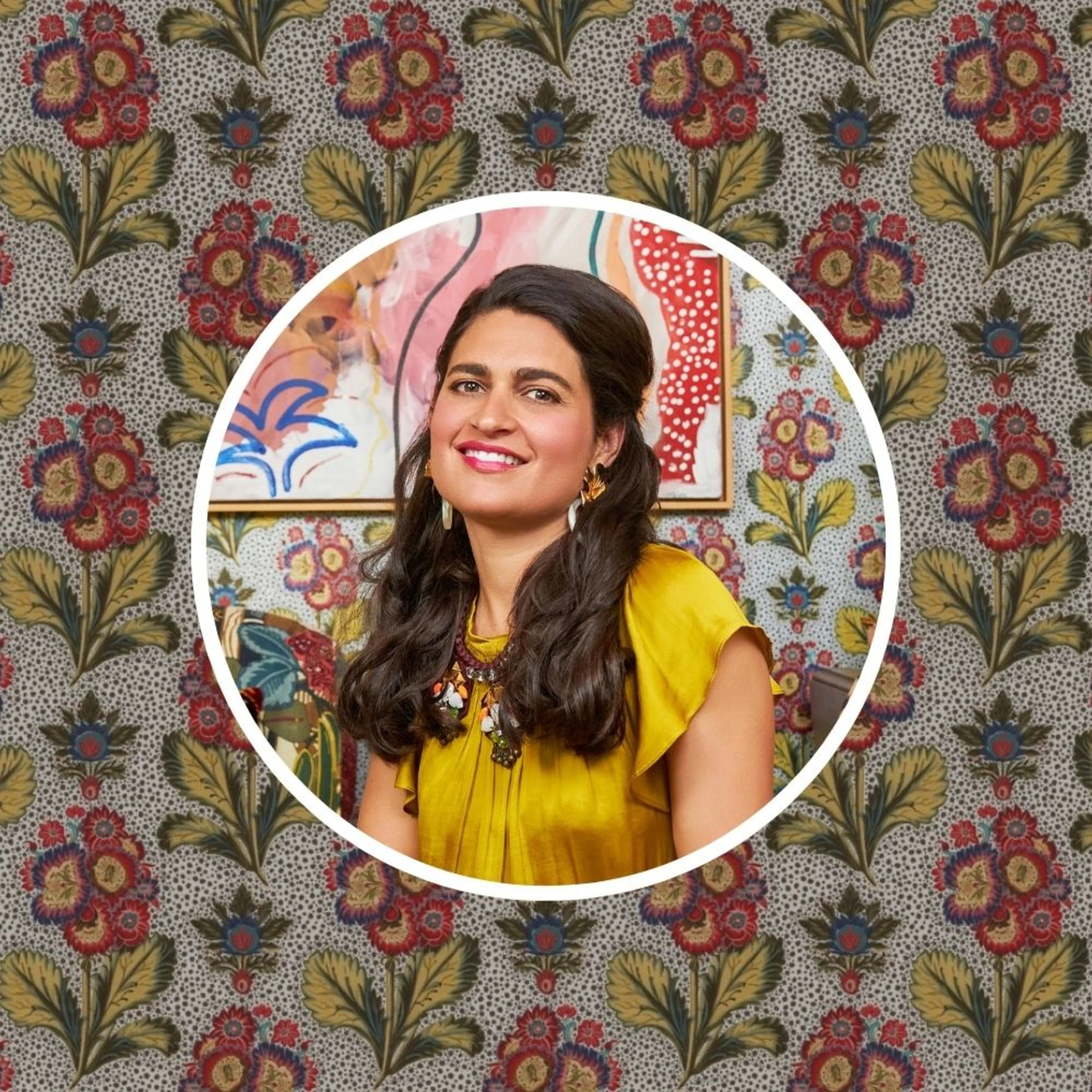 Isabel Ladd in front of one of her favorite Spoonflower designs.