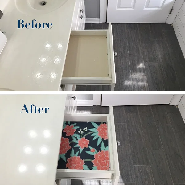 Two photos in a grid showing before and after wallpaper is added to a drawer.